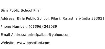 Birla Public School Pilani Address Contact Number