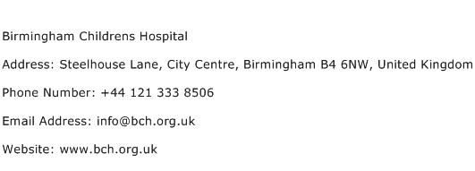 Birmingham Childrens Hospital Address Contact Number
