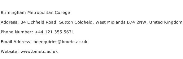 Birmingham Metropolitan College Address Contact Number