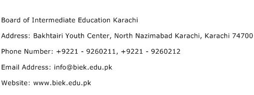 Board of Intermediate Education Karachi Address Contact Number