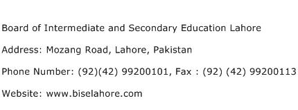 Board of Intermediate and Secondary Education Lahore Address Contact Number