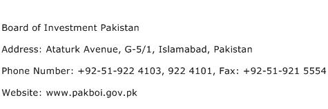 Board of Investment Pakistan Address Contact Number