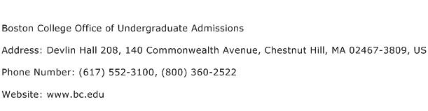 Boston College Office of Undergraduate Admissions Address Contact Number
