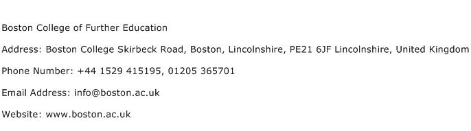 Boston College of Further Education Address Contact Number
