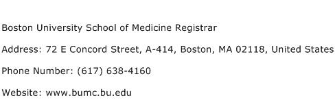 Boston University School of Medicine Registrar Address Contact Number