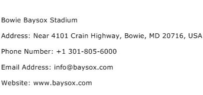 Bowie Baysox Stadium Address Contact Number