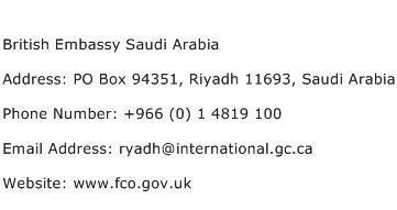 British Embassy Saudi Arabia Address Contact Number