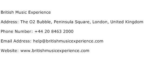 British Music Experience Address Contact Number