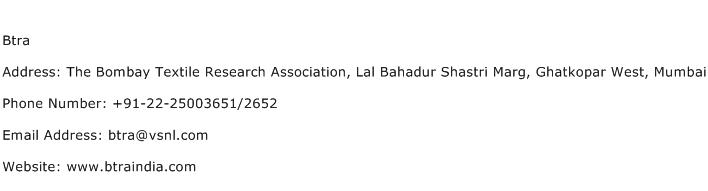 Btra Address Contact Number