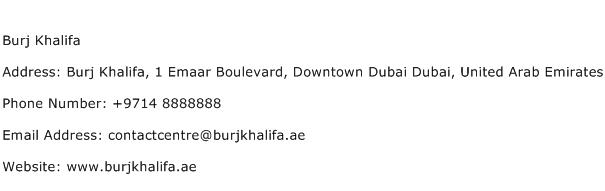 Burj Khalifa Address Contact Number