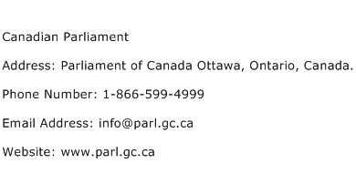 Canadian Parliament Address Contact Number