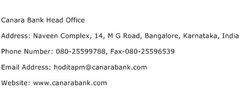 Canara Bank Head Office Address Contact Number