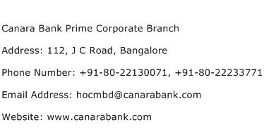 Canara Bank Prime Corporate Branch Address Contact Number