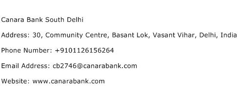 Canara Bank South Delhi Address Contact Number
