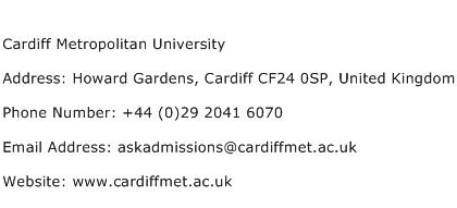 Cardiff Metropolitan University Address Contact Number