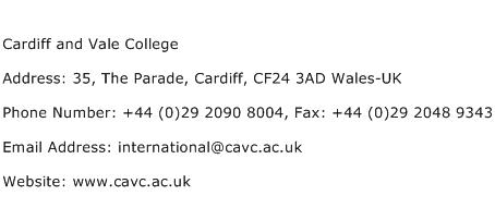 Cardiff and Vale College Address Contact Number