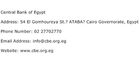 Central Bank of Egypt Address Contact Number