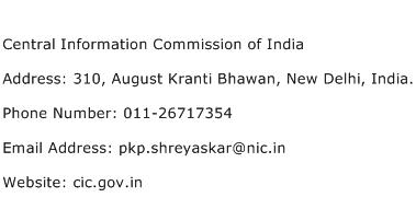 Central Information Commission of India Address Contact Number