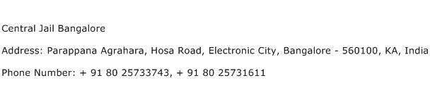 Central Jail Bangalore Address Contact Number