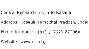 Central Research Institute Kasauli Address Contact Number