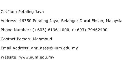 Cfs Iium Petaling Jaya Address Contact Number