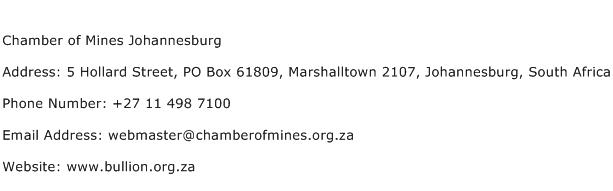 Chamber of Mines Johannesburg Address Contact Number