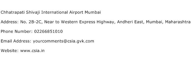 Chhatrapati Shivaji International Airport Mumbai Address Contact Number