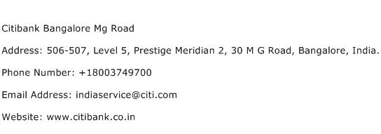 Citibank Bangalore Mg Road Address Contact Number