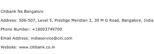 Citibank Na Bangalore Address Contact Number