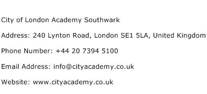 City of London Academy Southwark Address Contact Number