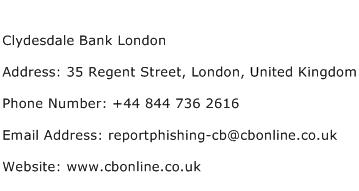 Clydesdale Bank London Address Contact Number