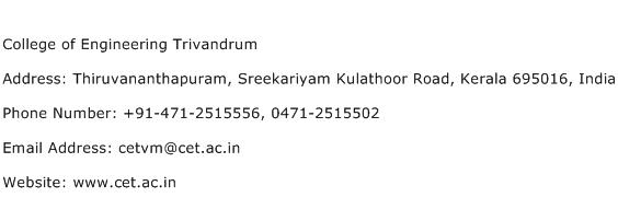 College of Engineering Trivandrum Address Contact Number