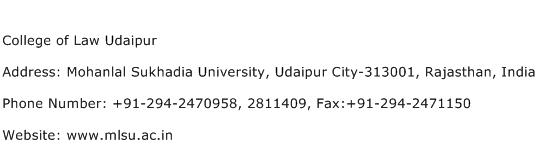 College of Law Udaipur Address Contact Number