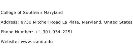 College of Southern Maryland Address Contact Number