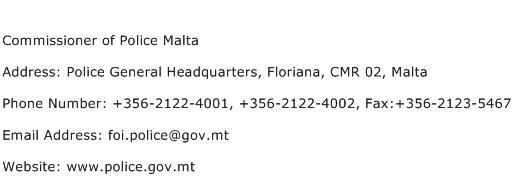 Commissioner of Police Malta Address Contact Number