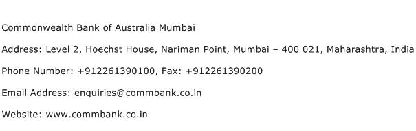Commonwealth Bank of Australia Mumbai Address Contact Number