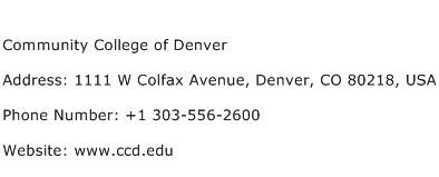 Community College of Denver Address Contact Number