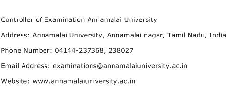 Controller of Examination Annamalai University Address Contact Number