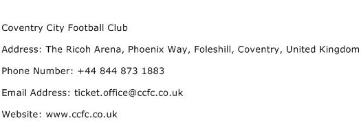 Coventry City Football Club Address Contact Number