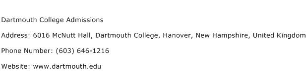 Dartmouth College Admissions Address Contact Number