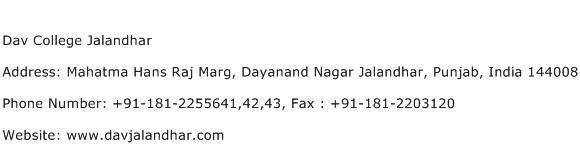 Dav College Jalandhar Address Contact Number