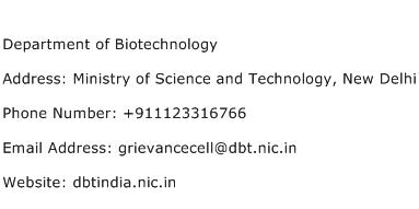 Department of Biotechnology Address Contact Number