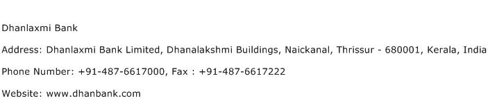 Dhanlaxmi Bank Address Contact Number