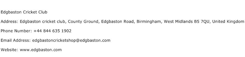 Edgbaston Cricket Club Address Contact Number