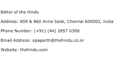 Editor of the Hindu Address Contact Number