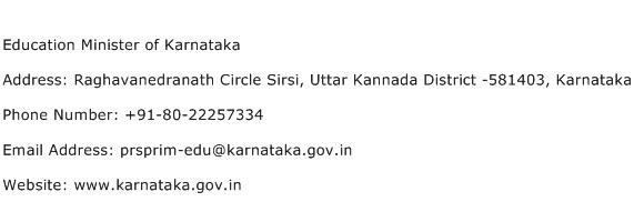 Education Minister of Karnataka Address Contact Number