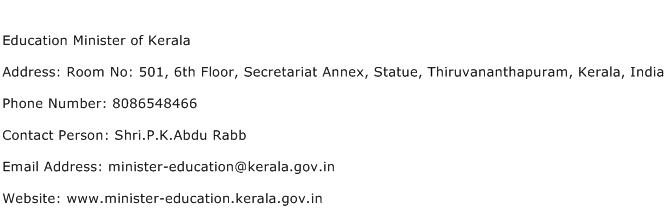 Education Minister of Kerala Address Contact Number