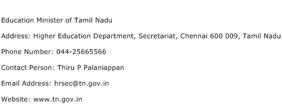 Education Minister of Tamil Nadu Address Contact Number