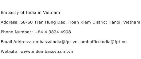 Embassy of India in Vietnam Address Contact Number