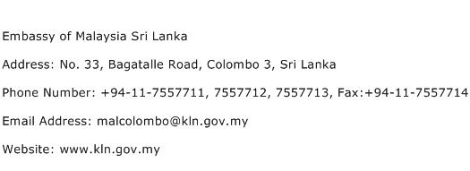 Embassy of Malaysia Sri Lanka Address Contact Number